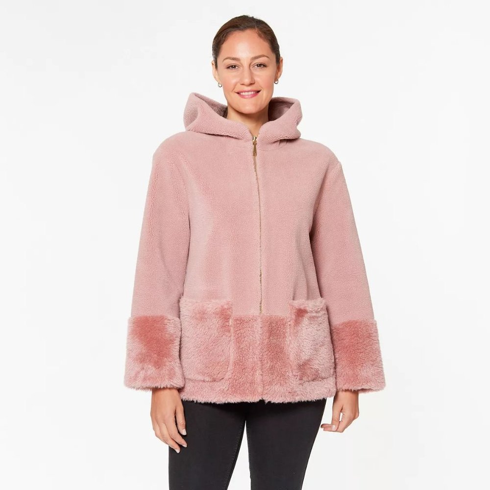 Koolaburra by UGG Hooded Sherpa Coat /Faux Fur Trim PINK  Teddy / Pea coat style